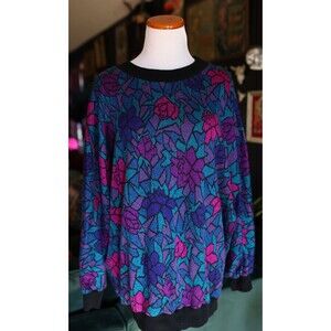Vintage Loom Wear 80s 90s Colorful Mosaic Stained Glass Flower Pullover Sweater